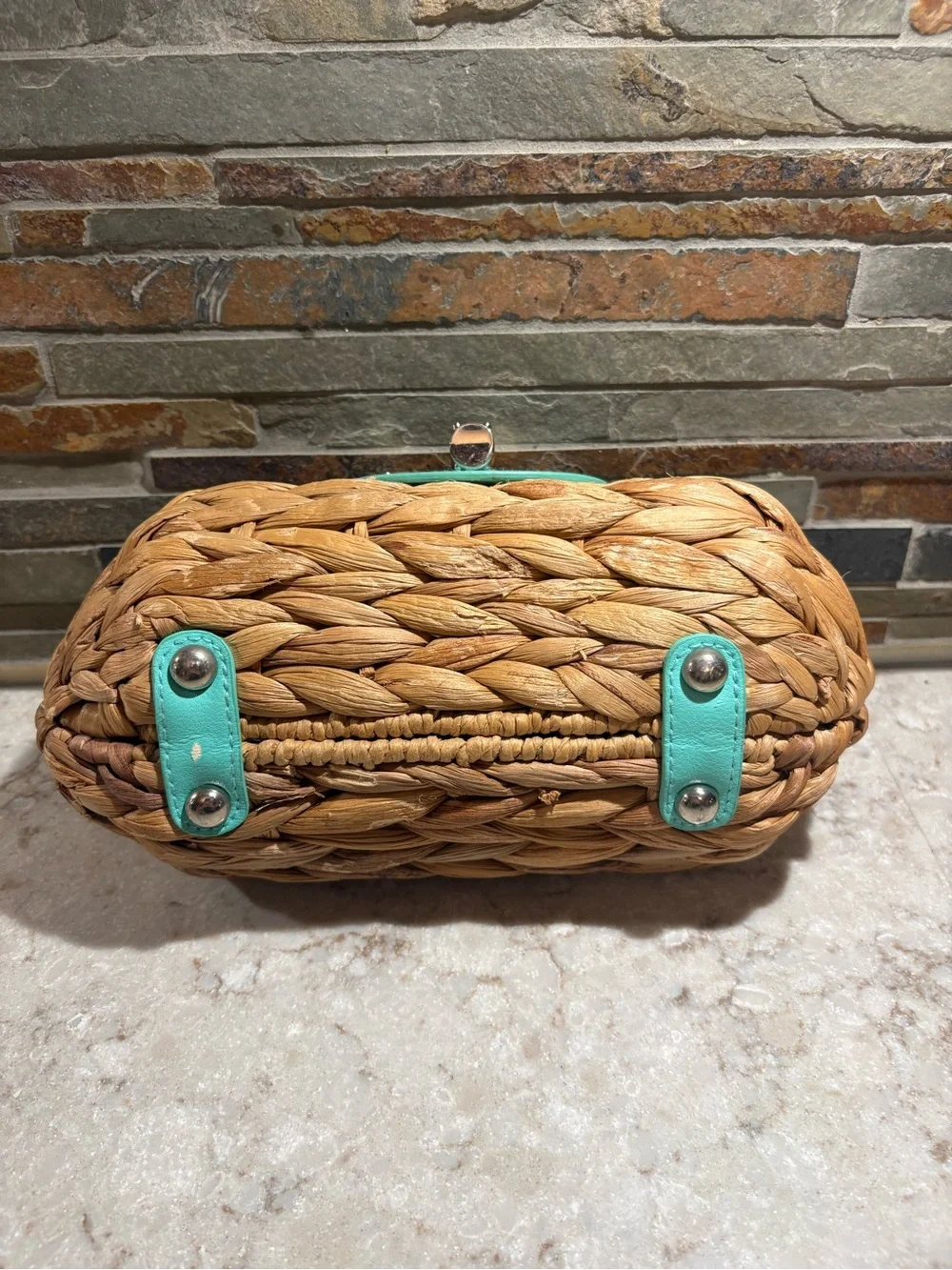 Woven Straw Wristlet with Mint Leather Trim